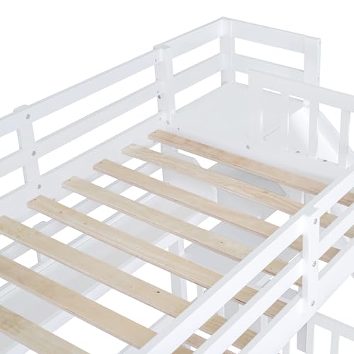 Full-Over-Full Castle Style Bunk Bed with 2 Drawers and 3 Shelves, Wood Bunk Bed Frame with Slide and Storage Staircase for Kids Teens Boys Girls