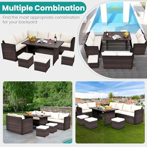 Patio Furniture Set, 7 Pieces Outdoor Patio Furniture with Dining Table&Chair, All Weather Wicker Conversation Set with Ottoman