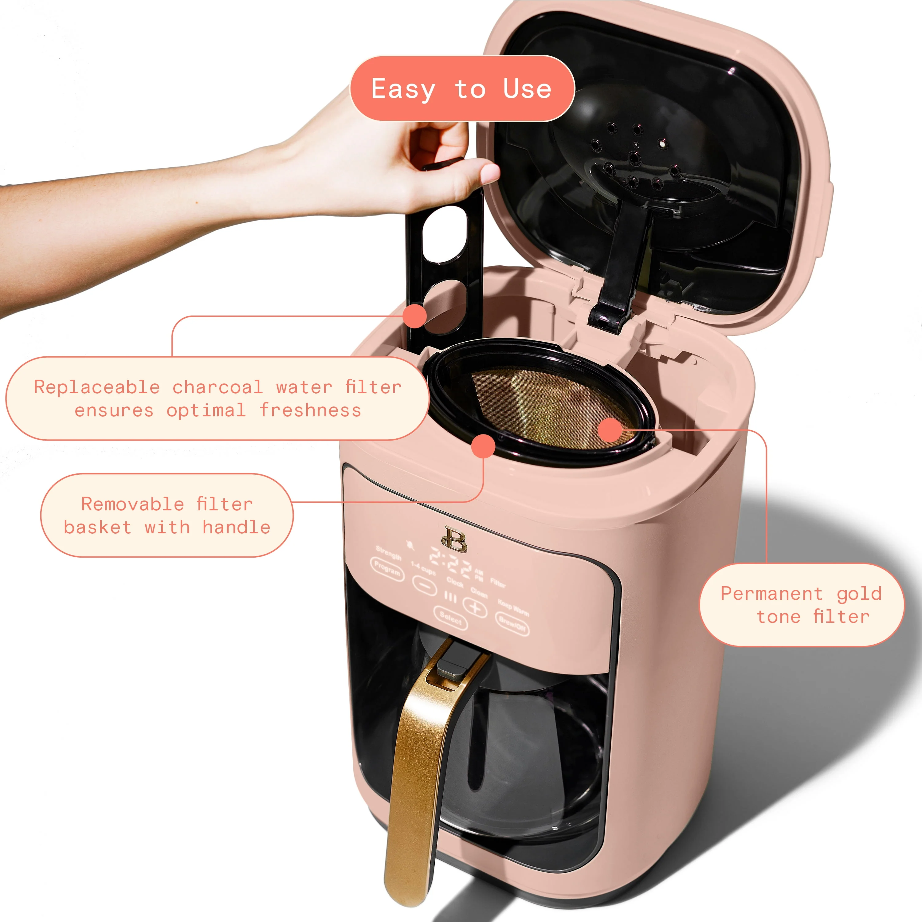 Beautiful 14-Cup Programmable Drip Coffee Maker with Touch-Activated Display, Rose by Drew Barrymore