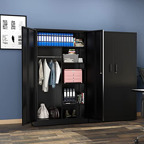 MIIIKO Metal Clothing Storage Locker, Steel Wardrobe Cabinets with Shelves and Closet Rod, 72" Large Storage Locker Closet for Sports Equipment