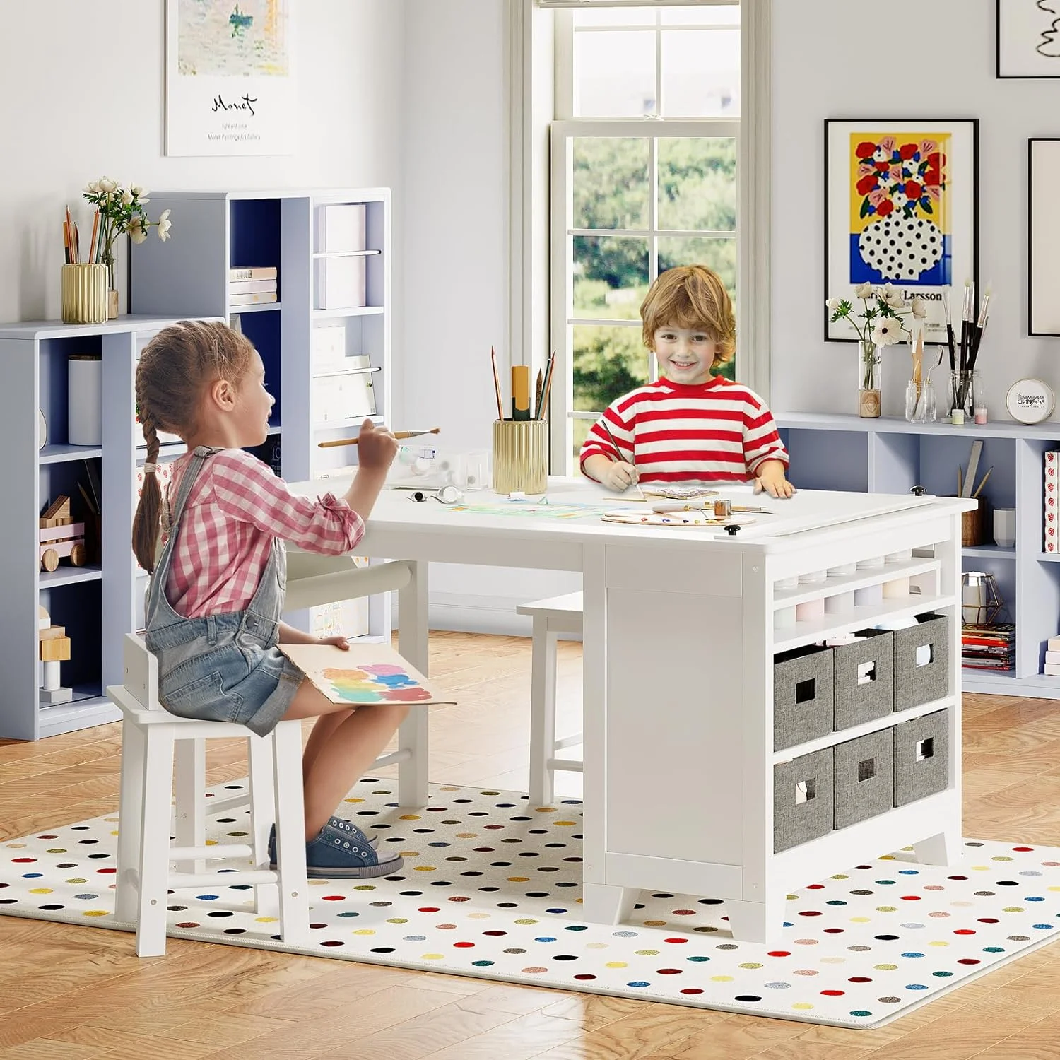 Kids Art Table and Chair Set, Linor Wooden Childern Desk, Kids Craft Table with Two Chairs, Storage Shelves, Canvas Bins, Paper Roll