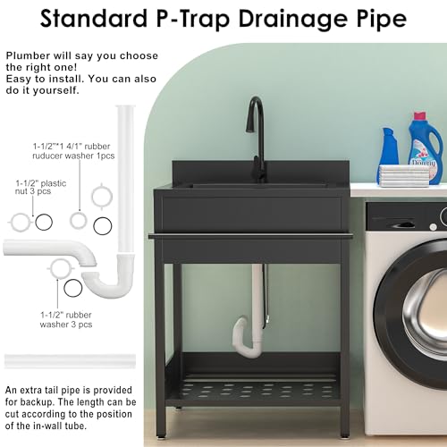 26 Inch Utility Sink, 304 Stainless Steel Sink Free Standing Sink with Cold and Hot Water Pull-out Faucet, Heavy Duty Laundry Sinks for Workshop