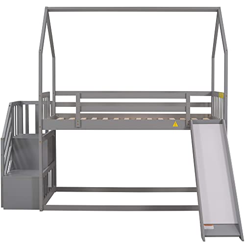 Merax Twin Over Twin House Bunk Bed Frames with Slide and Storage Staircase, No Box Spring Needed, White