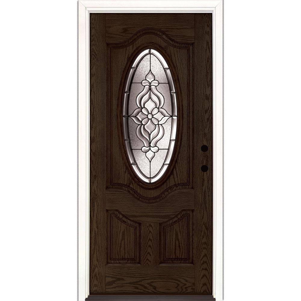 Feather River Doors 37.5 in. x 81.625 in. Lakewood Patina 3/4 Oval Lite Stained Walnut Oak Left-Hand Inswing Fiberglass Prehung