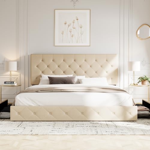 Allewie Upholstered Queen Size Platform Bed Frame with 4 Storage Drawers and Headboard, Square Stitched Button Tufted