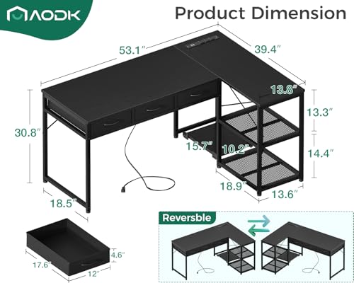 AODK 53 Inch L Shaped Computer Desk with Drawers, Corner Desk with Power Outlets & Reversible Storage Shelves