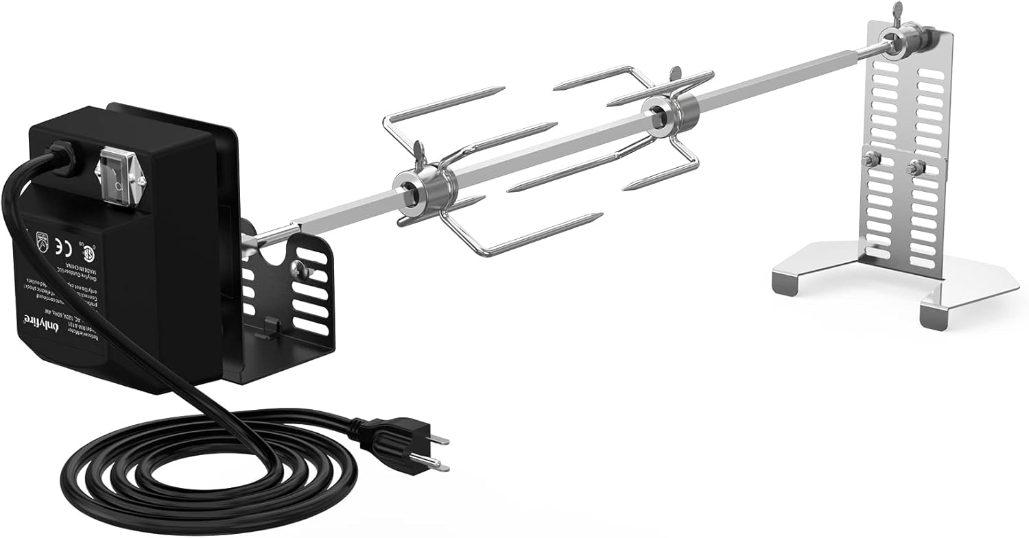 only fire Universal BBQ Grill Rotisserie Kit for Most Gas Grills, Include 110V 4W Electric Motor, 4-Prong Meat Forks and 28" Square Spit Rod