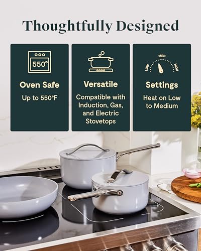 Caraway Nonstick Ceramic Cookware Set (12 Piece) Pots, Pans, 3 Lids and Kitchen Storage - Non Toxic - Oven Safe & Compatible with All Stovetops