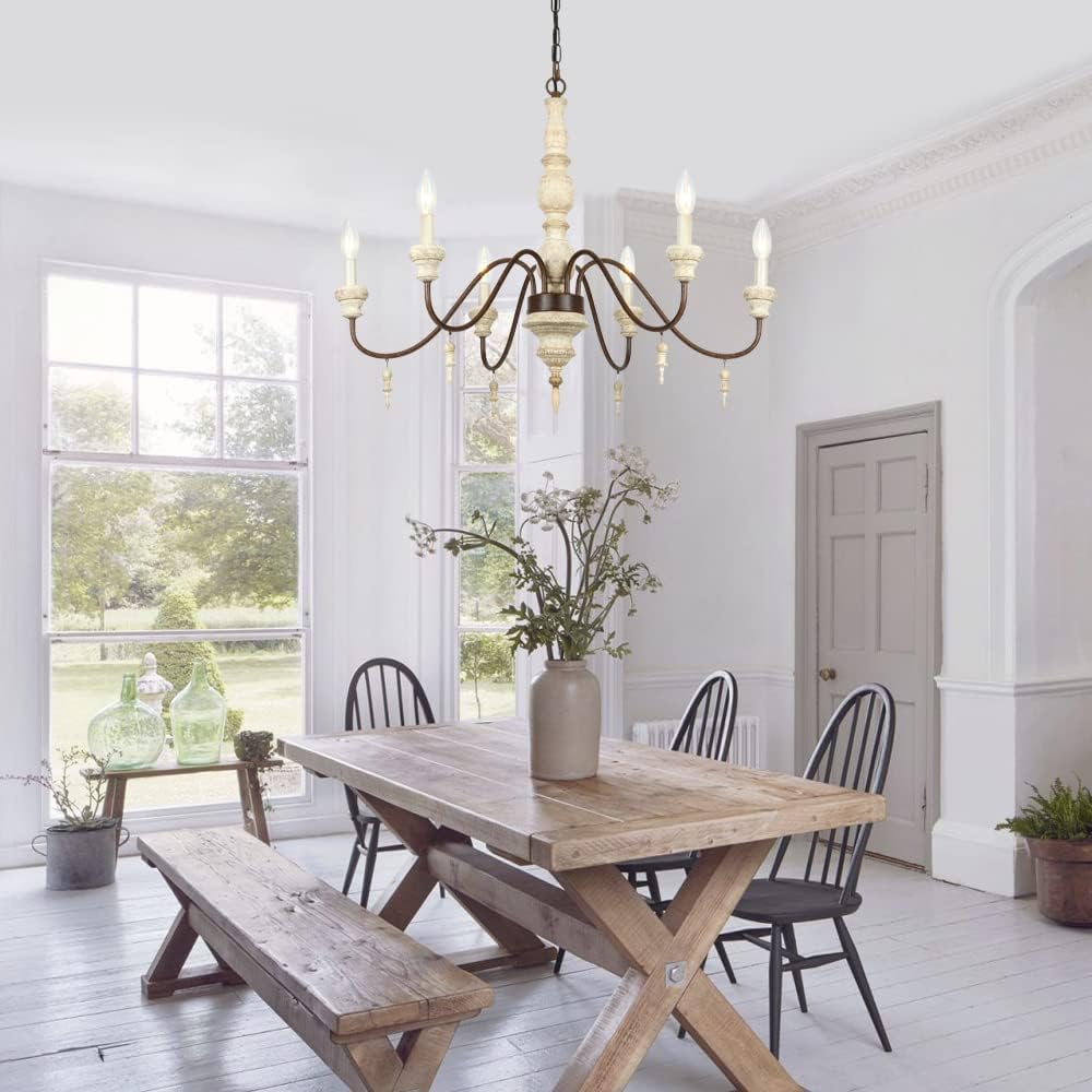Oldiron 6-Light French Country Candle-Style Chandelier, Distressed White Imitation Wood Metal Chandelier