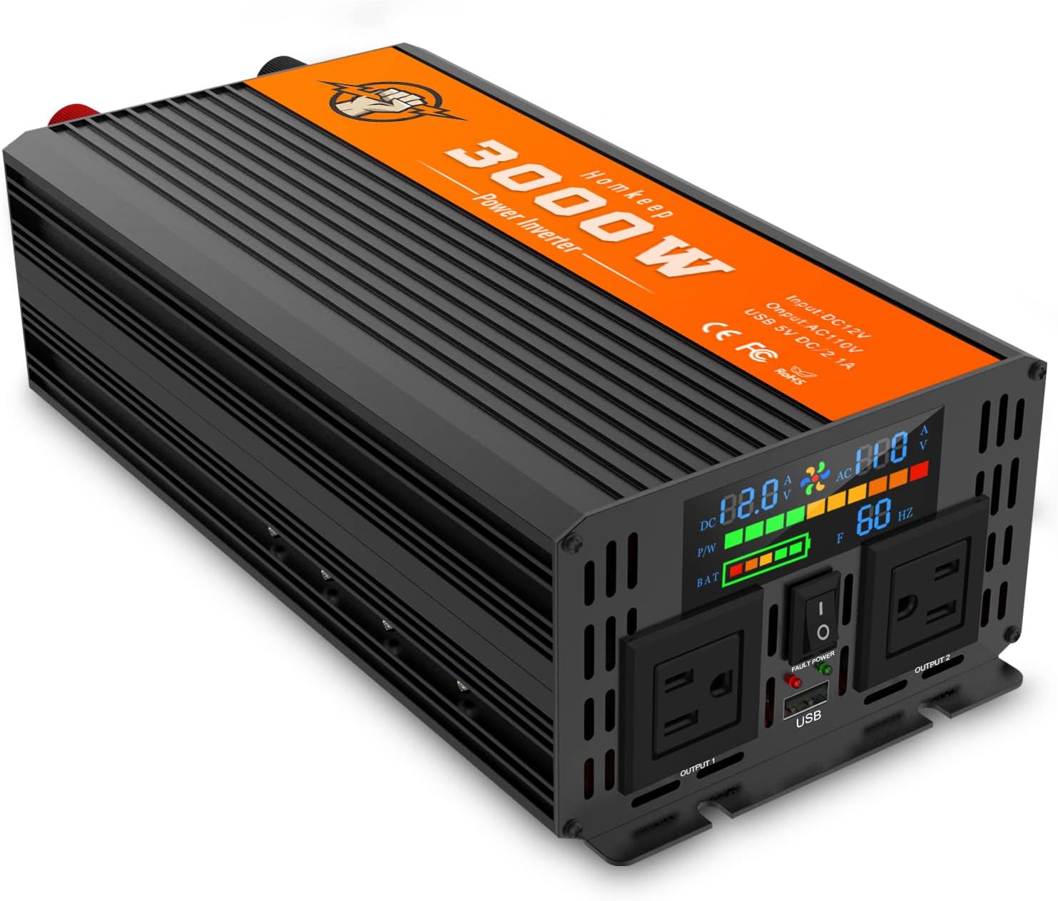 Power Inverter 2000 Watts 12V to 110V, Modified Sine Wave DC to AC Car/Home Converter, Dual 110V AC Outlets, USB Port, LED Display for Home, Outdoor