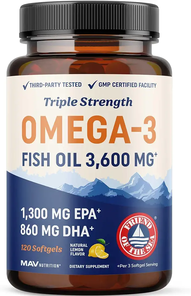 Triple Strength Omega 3 Fish Oil 3600 mg | EPA & DHA | Over 2100mg Omega-3 Fatty Acids | 1300mg EPA + 860mg DHA | Best Essential Fatty Acids |