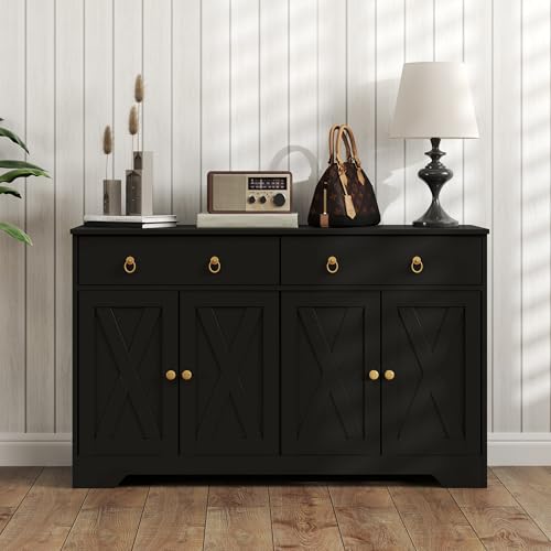 HOMCOM 48" Sideboard Buffet with Storage, Kitchen Storage Cabinet with 2 Drawers and 4 Barn Doors