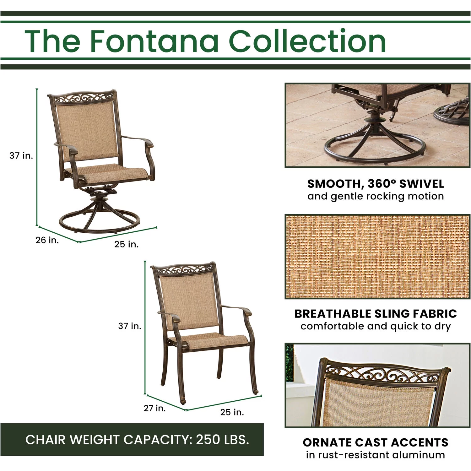Hanover Fontana 9-Piece Aluminum Outdoor Dining Set, 42" x 84" Cast-Top Table