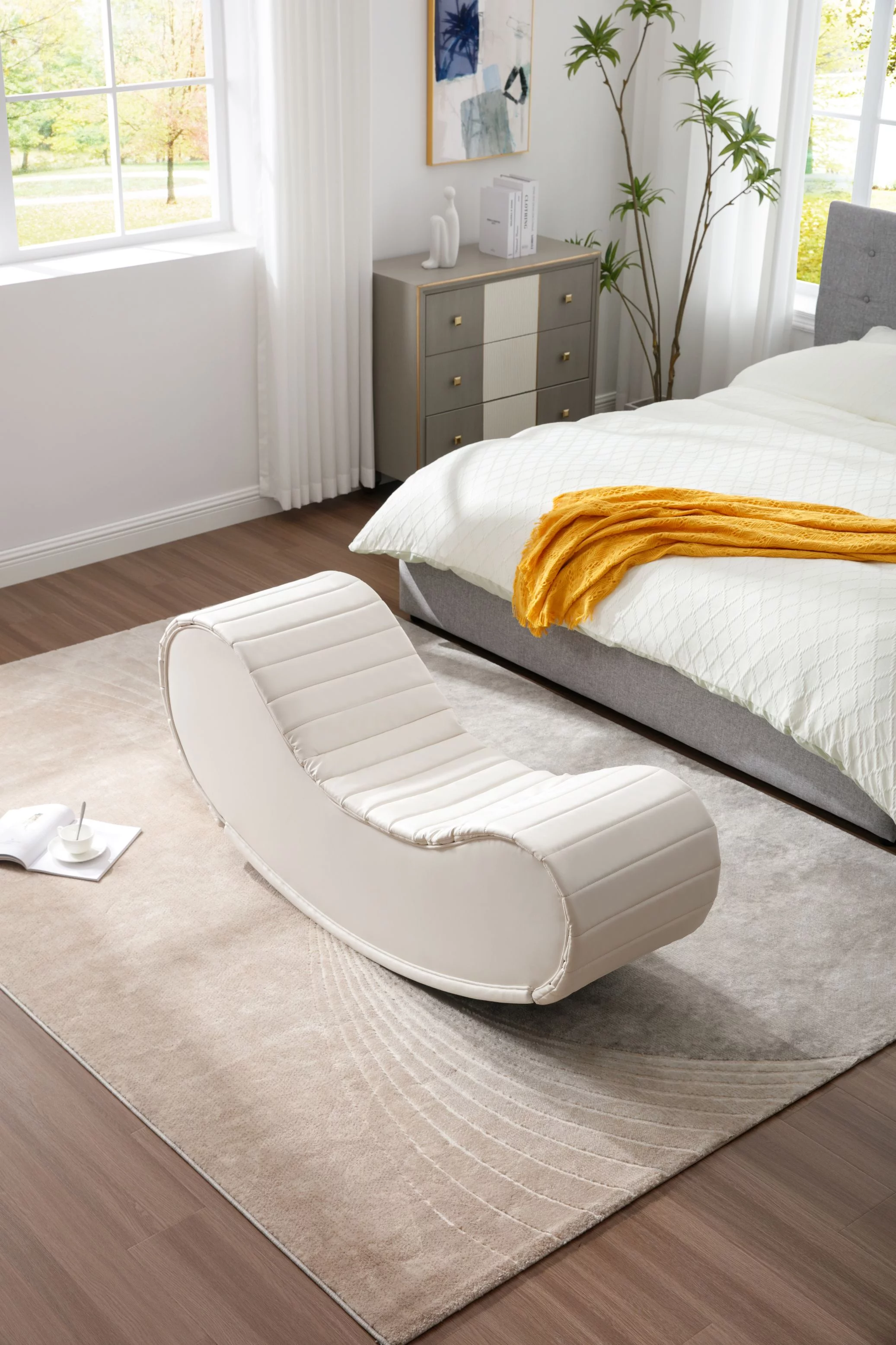 CoSoTower Rocking Leisure Bench,Relax Yoga Chaise, Modern Faux Leather Curved Sofa, Upholstered Yoga Chaise for Living Room Bed Room