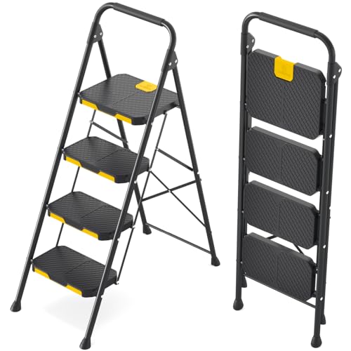 KINGRACK 5 Step Ladder with Tool Platform, Folding Step Stool with Handrails, Sturdy Steel Ladder with Wide Pedal