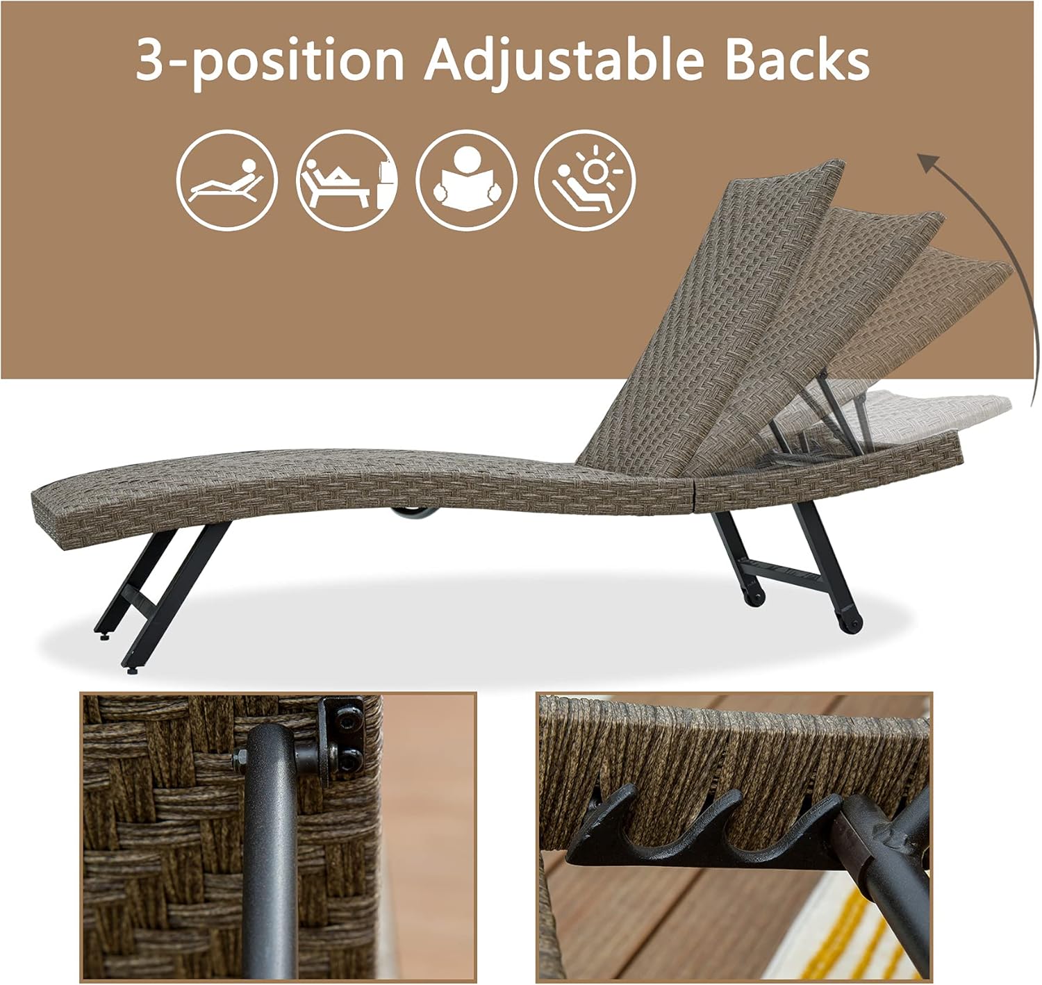 Outdoor Chaise Lounge（2021 New）- Aluminum Wicker Padded Lounge Chairs with Wheels,Adjustable Back and Quick Dry Foam,for Patio,Poolside,Yard,Garden
