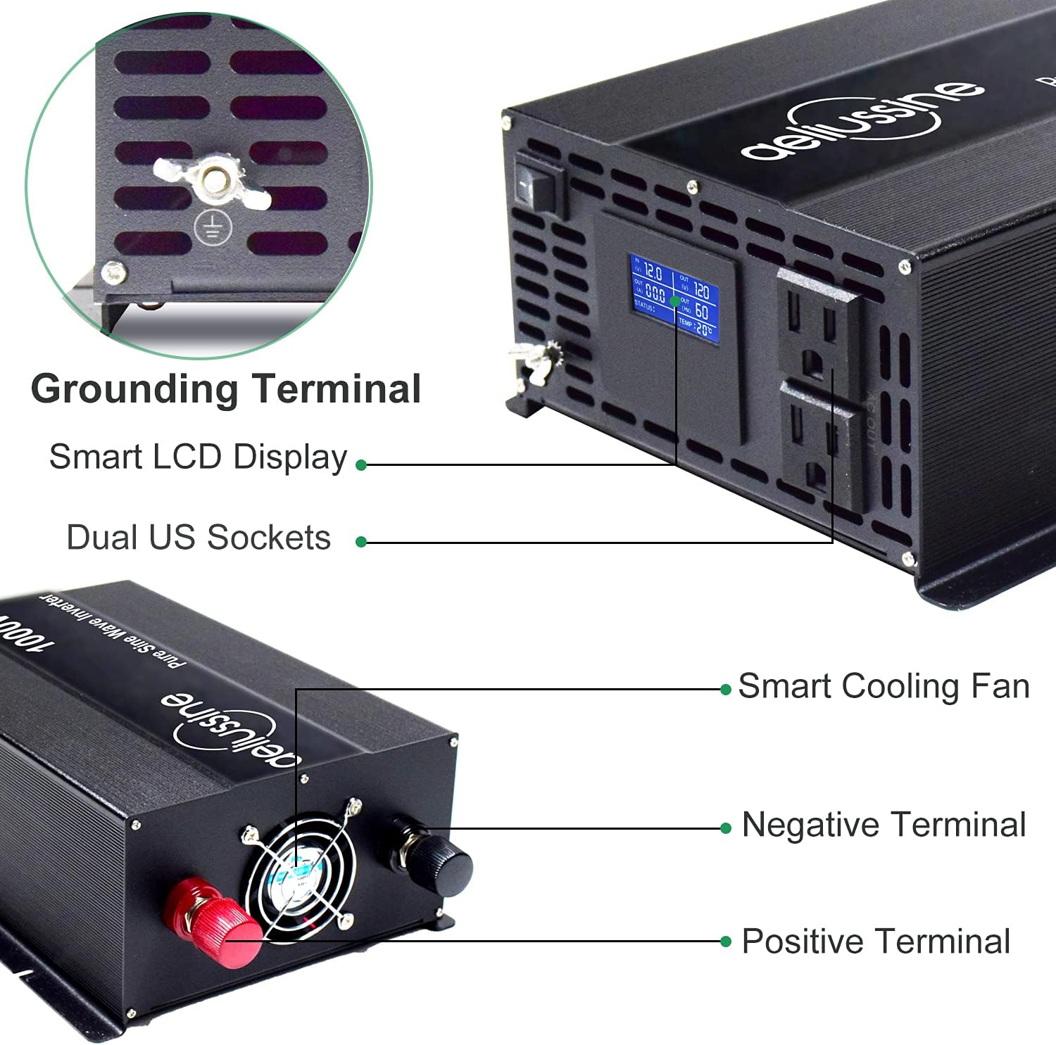 aeliussine 1000w Inverter Pure Sine Wave Power Inverter 12v dc to ac 110v 120v with 2 US Socket, LCD Display and Earth Terminal, for Car RV, Truck