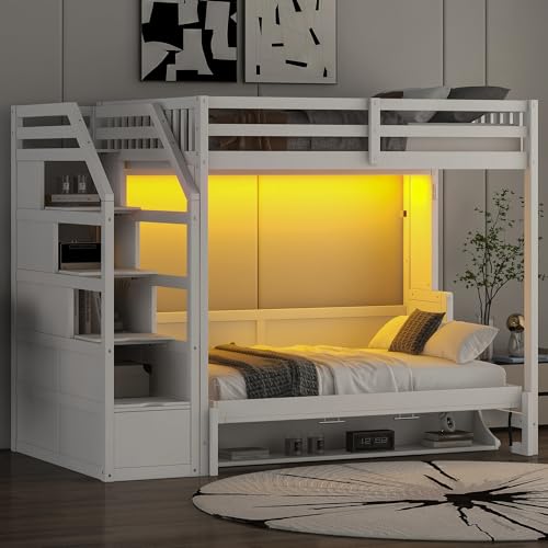 Merax Queen Size Murphy Bed, Wooden Queen Murphy Bed Wall Bed with Sofa and Cushion, for Home Office or Small Room, White
