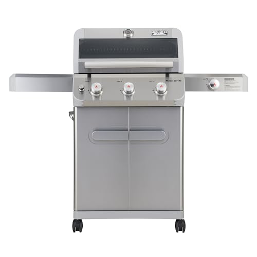 Monument Grills Outdoor Barbecue Stainless Steel 3 Burner Propane Gas Grill, 48,000 BTU Patio Garden Grill with Side Burner and LED Controls, Mesa325