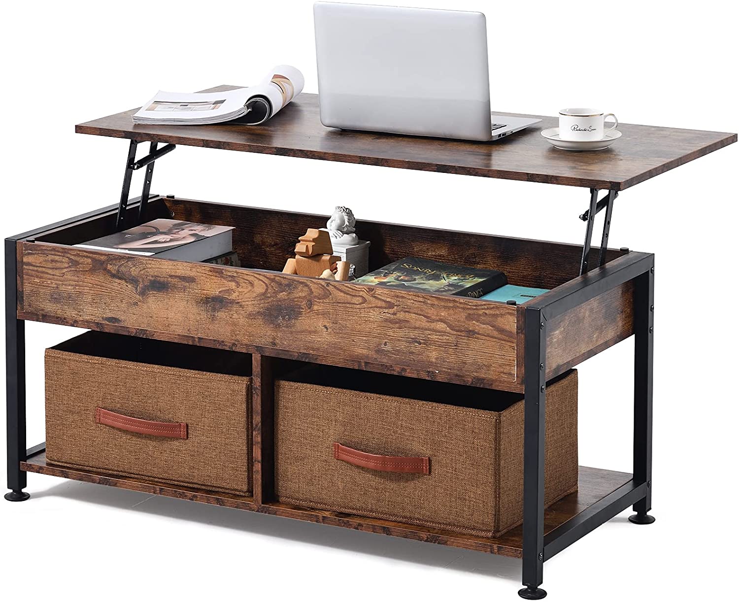 Lift Top Coffee Table, Coffee Table with 2 Storage Boxes & Hidden Compartment, Center Table for Living Room, with Storage Shelf and Metal Frame