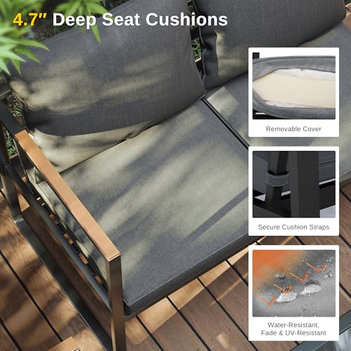 EAST OAK Courtyard Patio Furniture Set, 4-Piece Outdoor Patio Set with Sofa, Removable & Washable Deep Seating Cushion, Tempered Glass Table