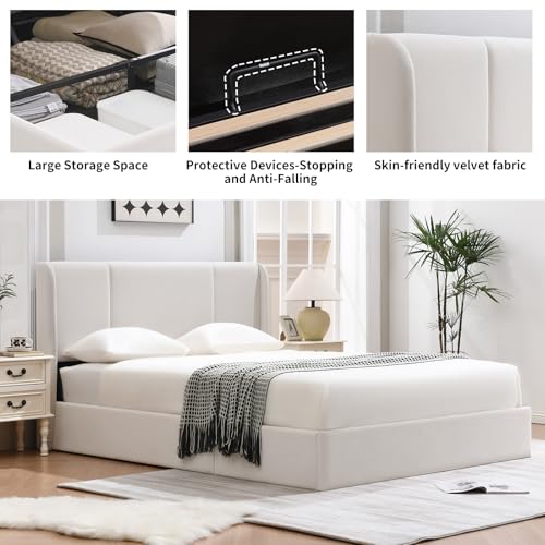 VELOCAVA Queen Size Lift Up Storage Bed with Modern Wingback Headboard, Upholstered Platform Bed with Fabric with Hydraulic Support Bars