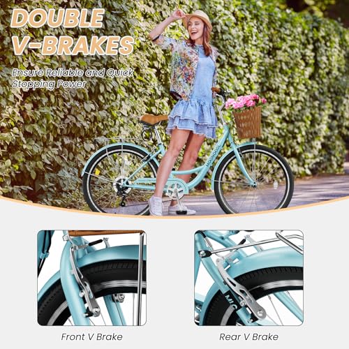 MOONCOOL Womens Bike 7 Speed, 24 26 inch Beach Cruiser Bikes for Women, Step Through Adult Bicycle with Front Basket for City Commuting