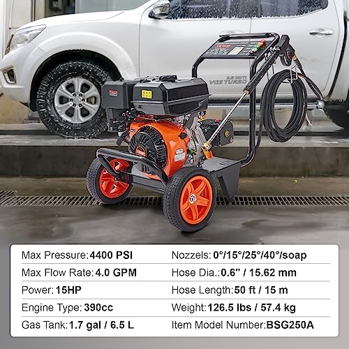 VEVOR Gas Powered Pressure Washer 3400 PSI 2.6 GPM, with Spray Gun and Extension Wand, 5 Quick Connect Nozzles, Copper Pump