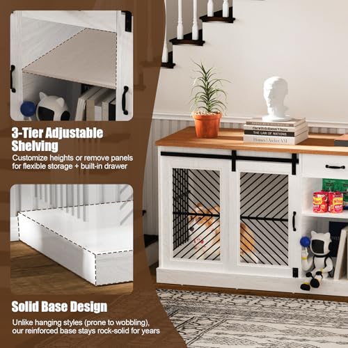 86.6” Large Dog Crate Furniture for 2 Dogs, Decorative Wooden Double Dog Kennel Indoor