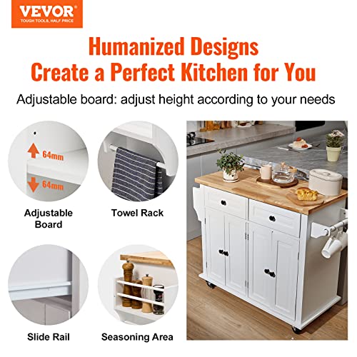 VEVOR Kitchen Island Cart with Solid Wood Top, 35.4" Width Mobile Carts with Storage Cabinet, Rolling Kitchen Table with Spice Rack, Towel Rack