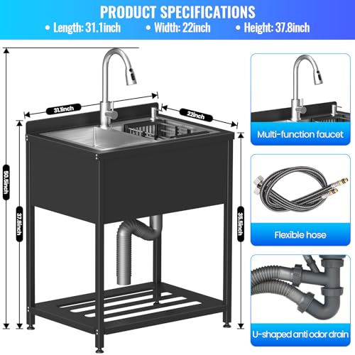 Stainless Steel Utility Sink, 30.8" × 22" × 39.5"Freestanding Sink with Cold and Hot Water Faucet,Hoses and Drain Kit for Kitchens, Bathrooms, Garage
