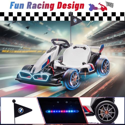 Electric Go Kart with Adjustable Seat, 24V Licensed BMW Drift Kart with Dual 200W Motors, Crazy Go Cart for Kids Ages 6-12, LED Lights