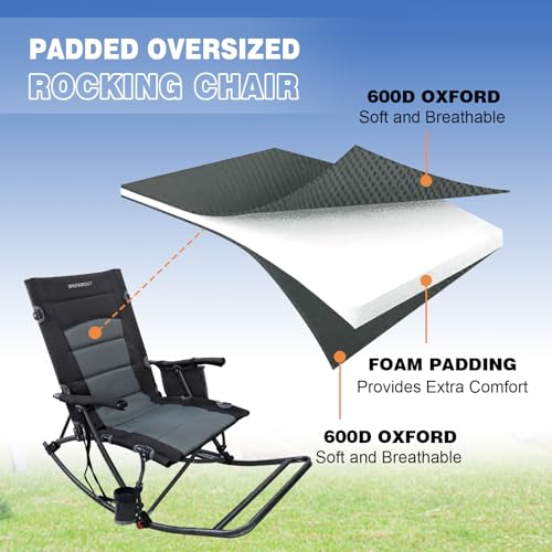 Folding Rocking Camping Chair with Foot Rest Portable Oversized Padded Rocking Chair for Outdoor Camp, Garden, Lawn