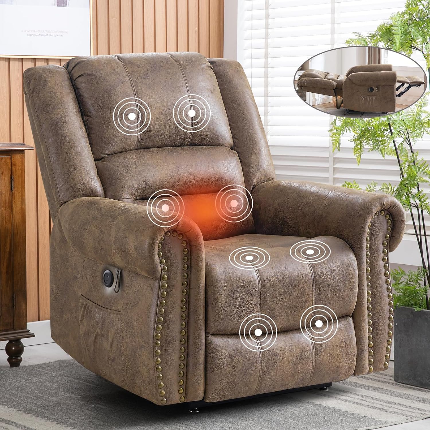 Lay Flat Dual Motor Power Lift Recliner Chair with Massage and Heat for Elderly, Breathable Leather Overstuffed Lift Chairs