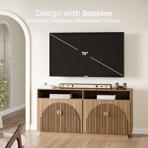BELLEZE 65 Inch Fluted Buffet Cabinet with Storage, Symmetrical Arc Accent Sideboard Large Console Table for Dining Room, Kitchen