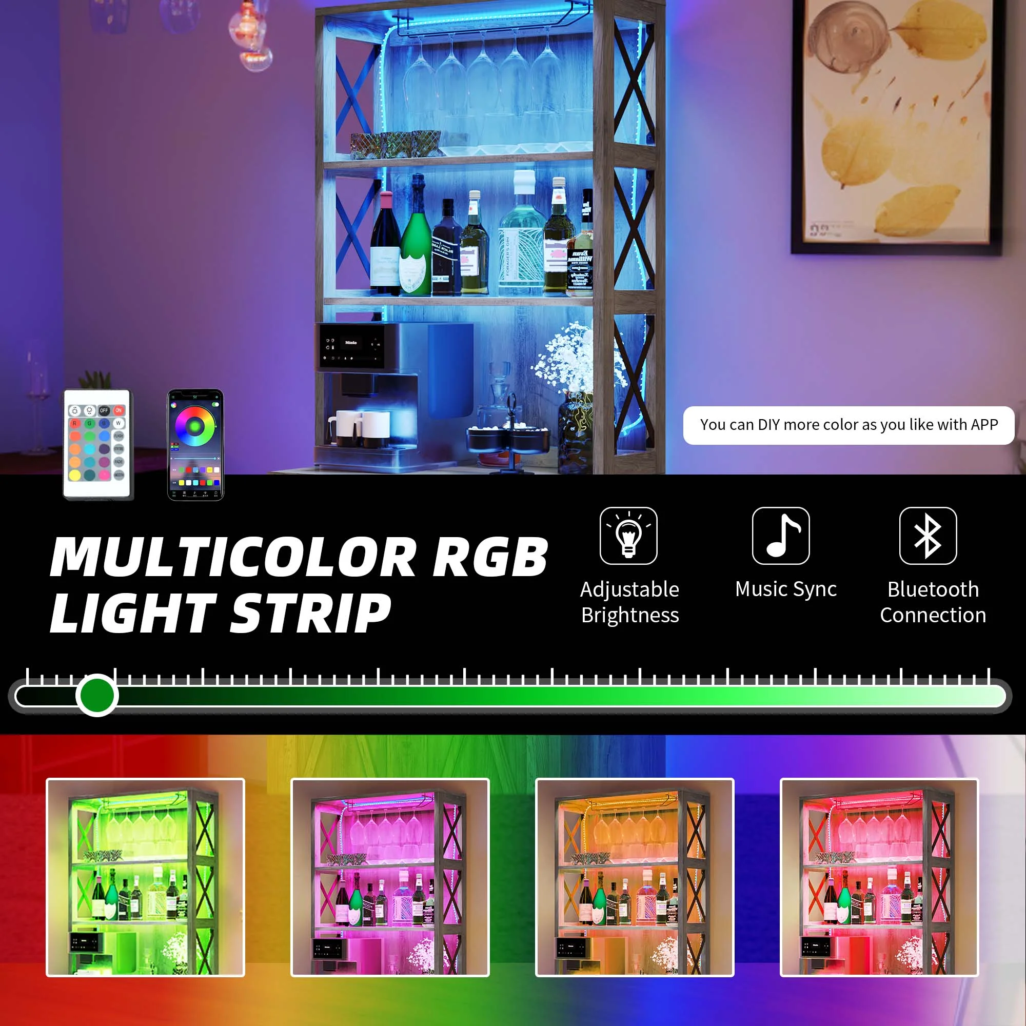 Dextrus Farmhouse Bar Cabinet for Liquor and Glasses, 67"Freestanding Bar Cabinet with Led Light, Doors and Shelves, Kitchen Microwave Storage