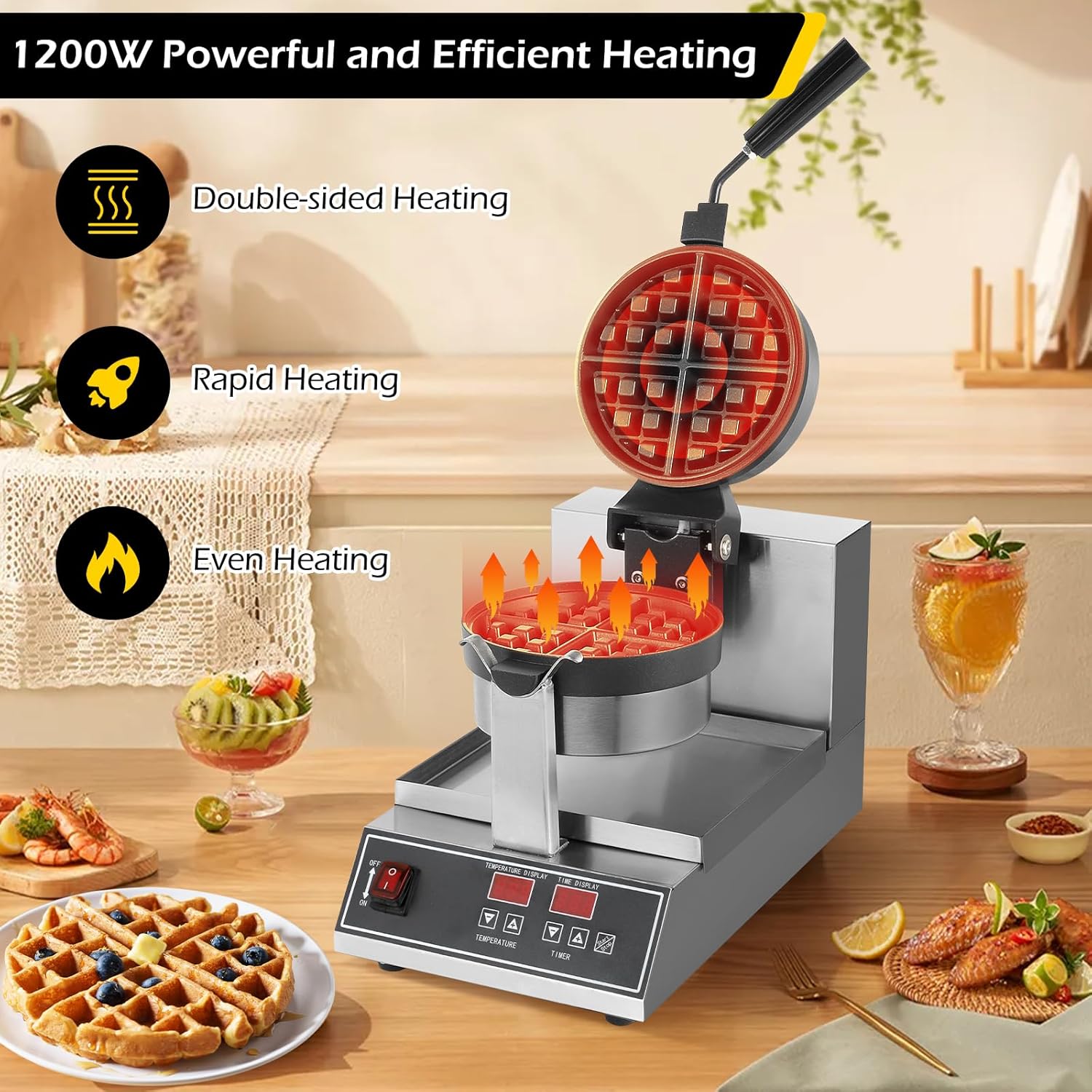 Dyna-Living Commercial Waffle Maker 110V 1200W Intelligent Belgian Waffle Maker Rotating 180° Round Waffle Maker Nonstick Flip Waffle Iron Machine