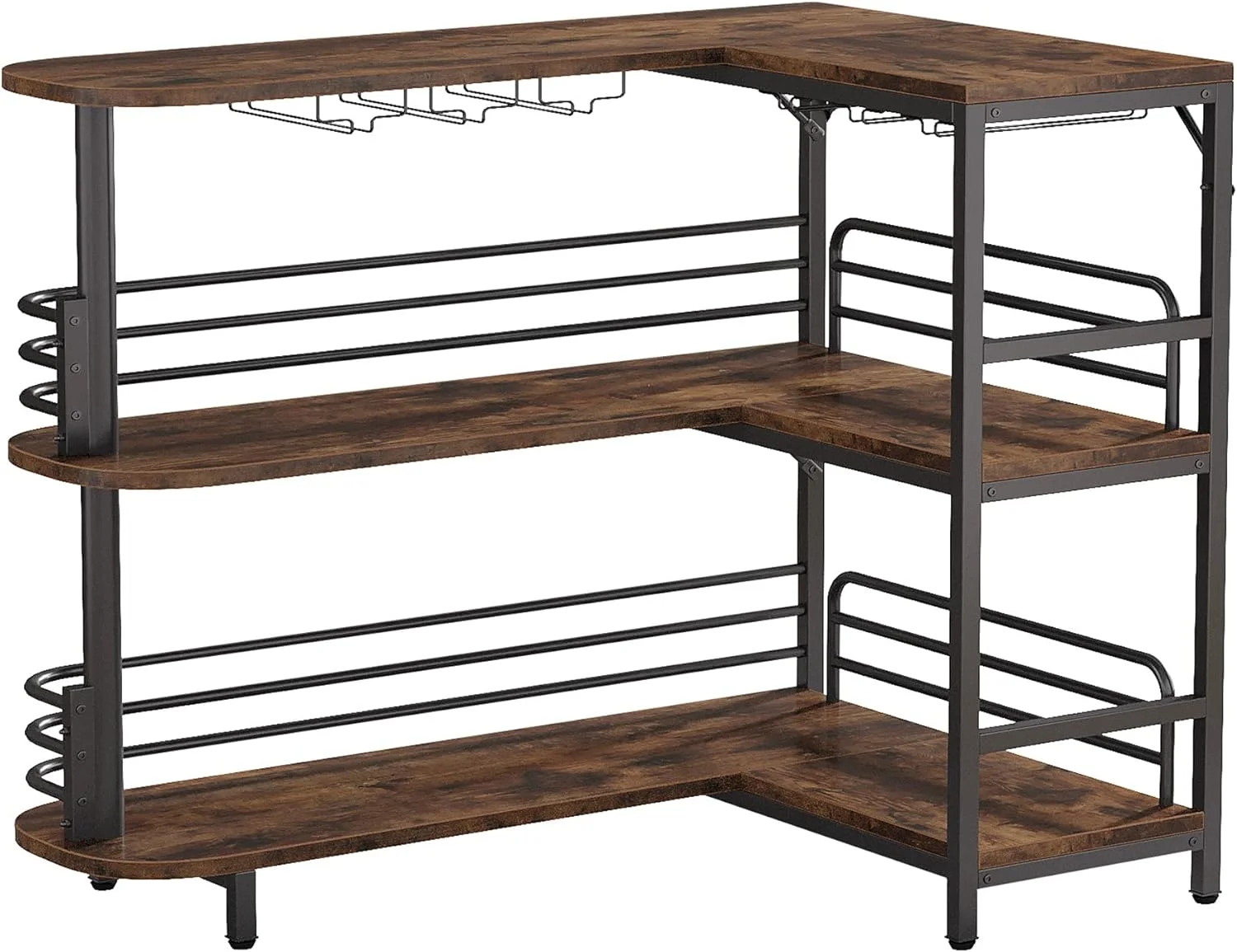 U-SHARE L-Shaped Home Bar Unit, 3 Tier Liquor Bar Table with Storage Shelves and Wine Glasses Holder