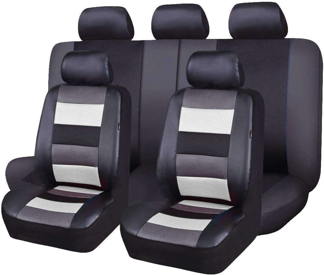 Flying Banner Car Seat Covers Full Set Front Seats and Rear Bench Black Leather and Red Fabric Mesh Cover Breathable Black with Grey and red Color