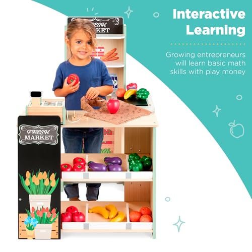 Best Choice Products Pretend Play Grocery Store Wooden Supermarket Toy Set for Kids w/Play Food, Chalkboard, Cash Register, Working Conveyor - Red