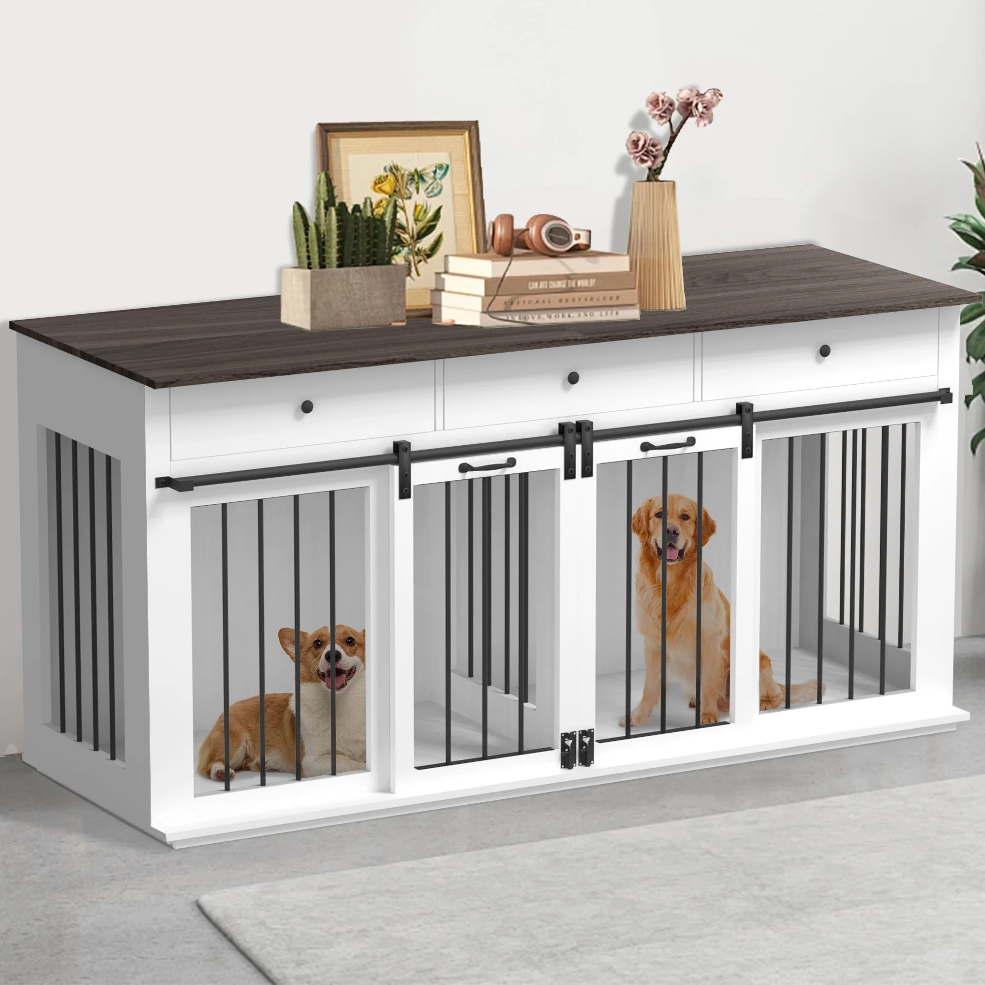 Large Dog Crate Furniture-Indoor Wooden Dog Kennel with Drawers Storage and Locks for Large or 2 Medium Dogs - Curated Treasures Market