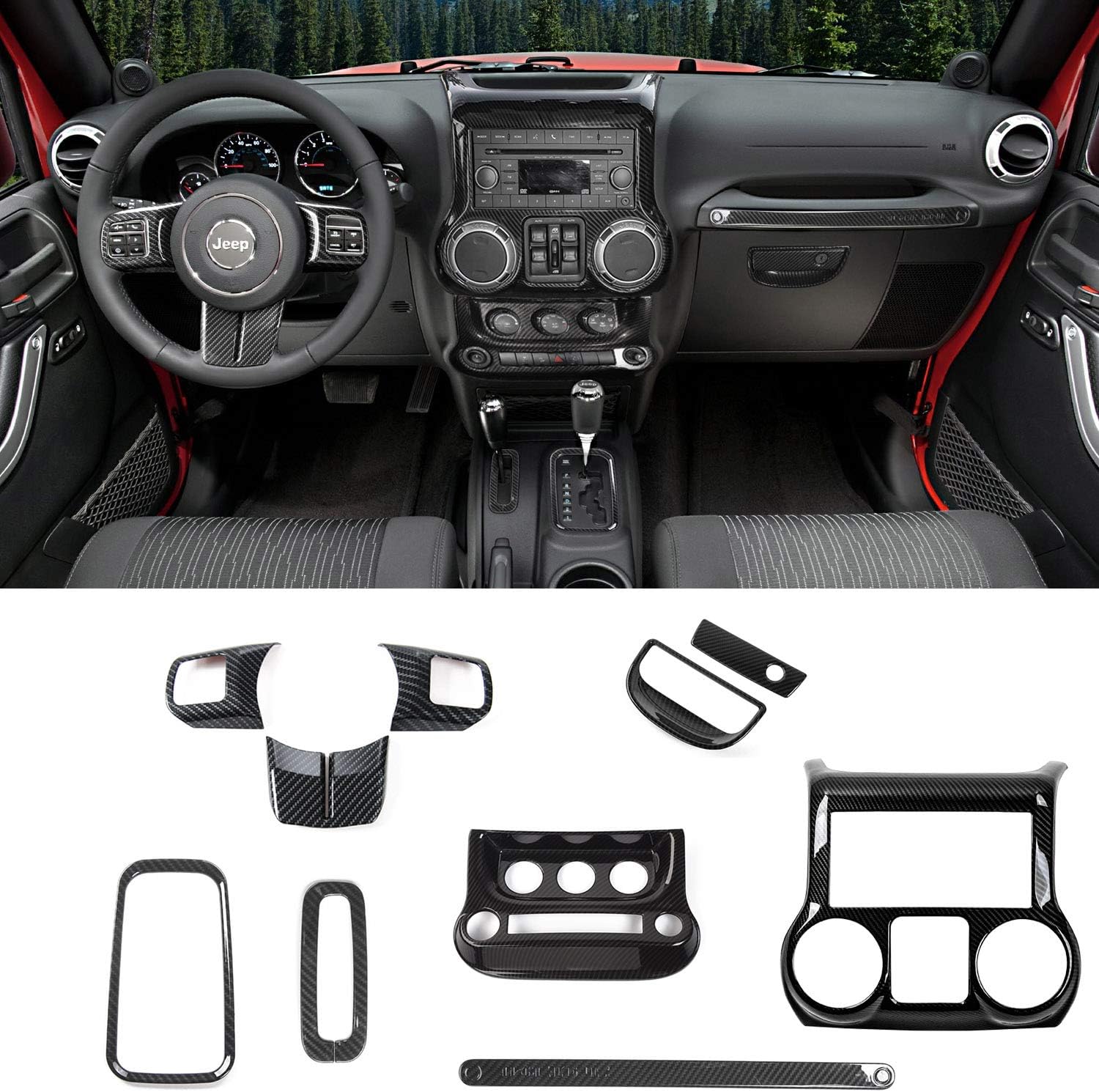 RT-TCZ Carbon Fiber Interior Decoration Trim Kit，Trim for Jeep Wrangler JK JKU 2011-2017 4 Door (10PCS)