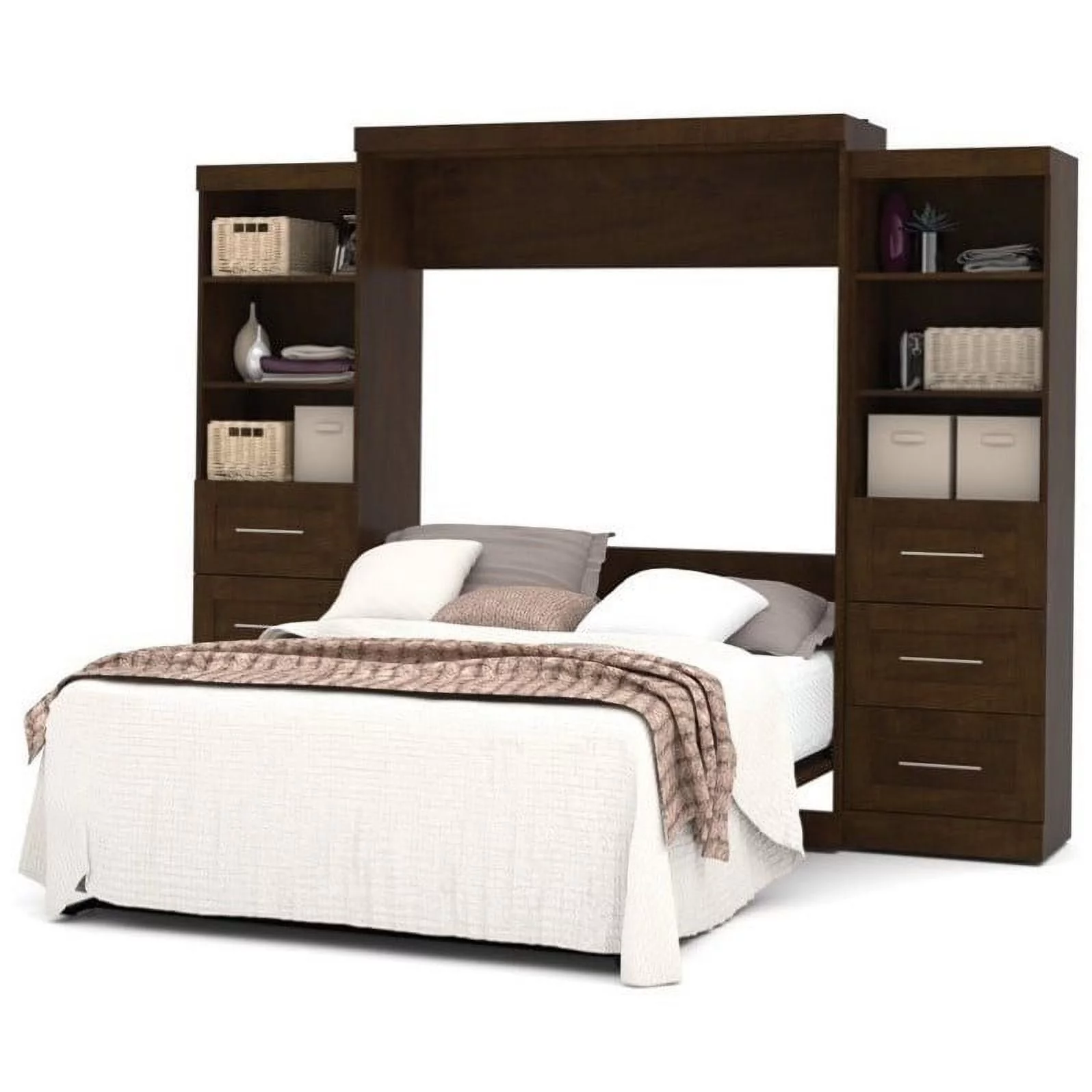 Atlin Designs 115" Queen Wall Bed with Storage and 3 Drawer Set in Chocolate