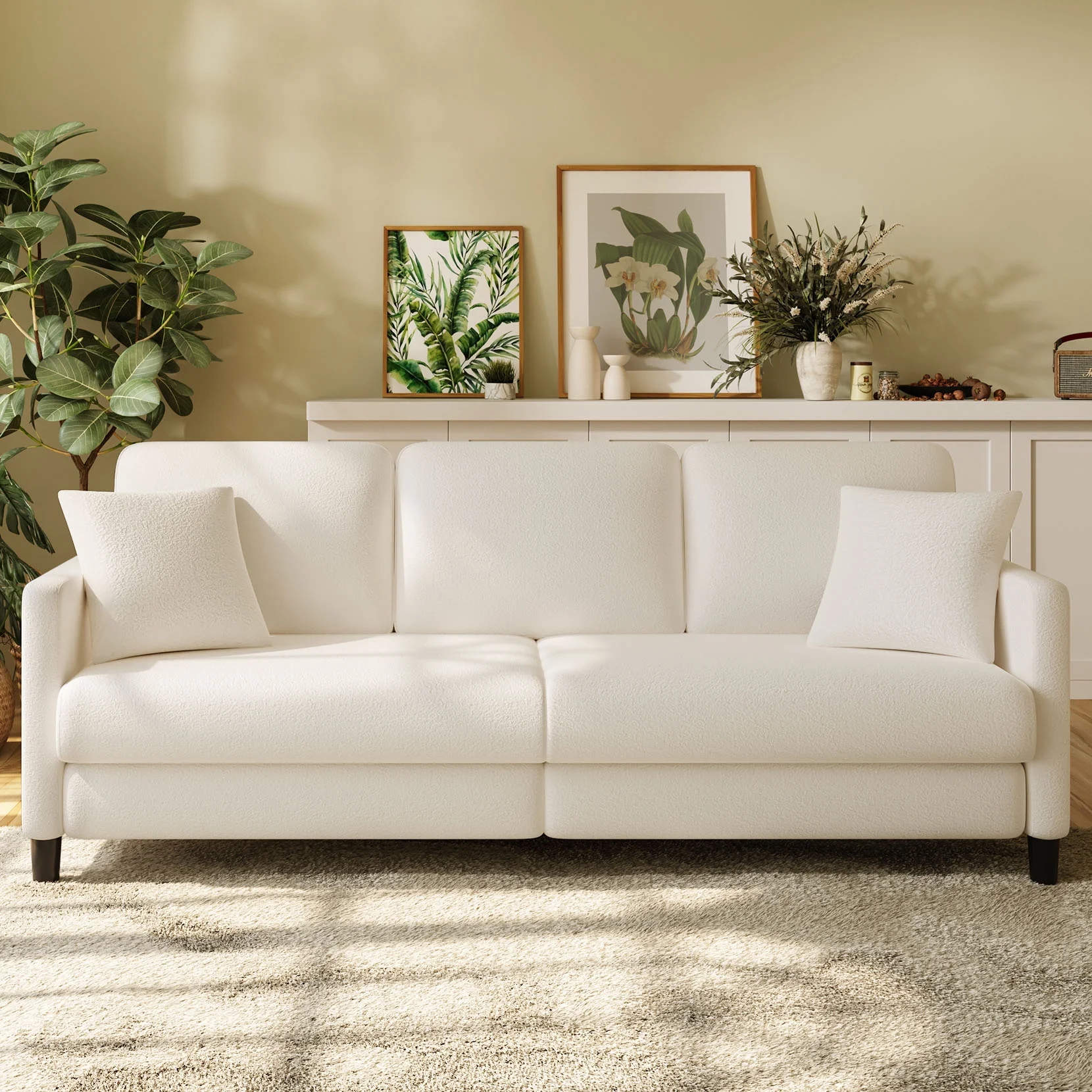 82.6" Velvet Sofa,3 Seater Upholstered Sofa with Extra Deep Seats,Soft Comfy Couch for living Room,2 Pillows,Off-White