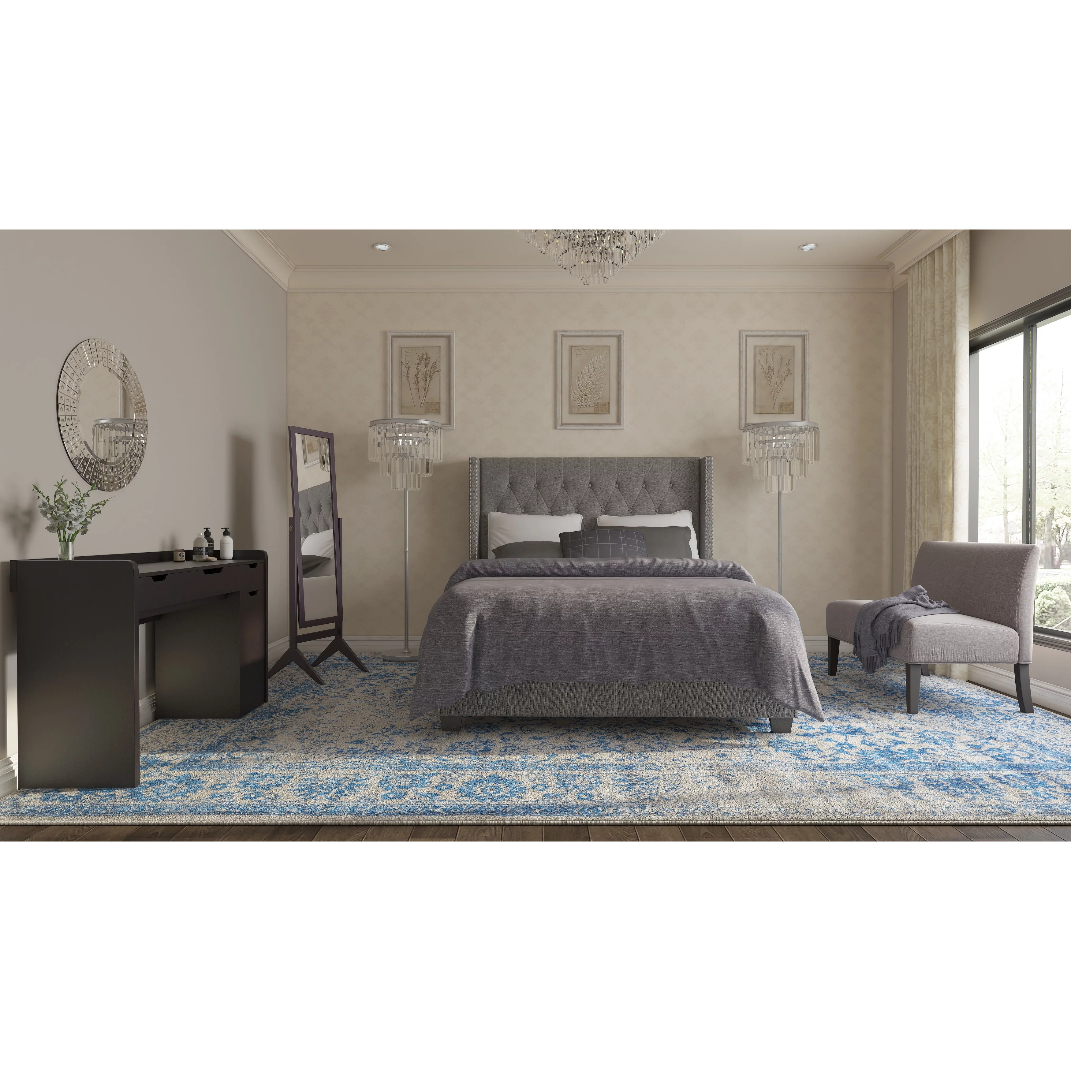 Diamond Tufted Wingback Bed in Grey