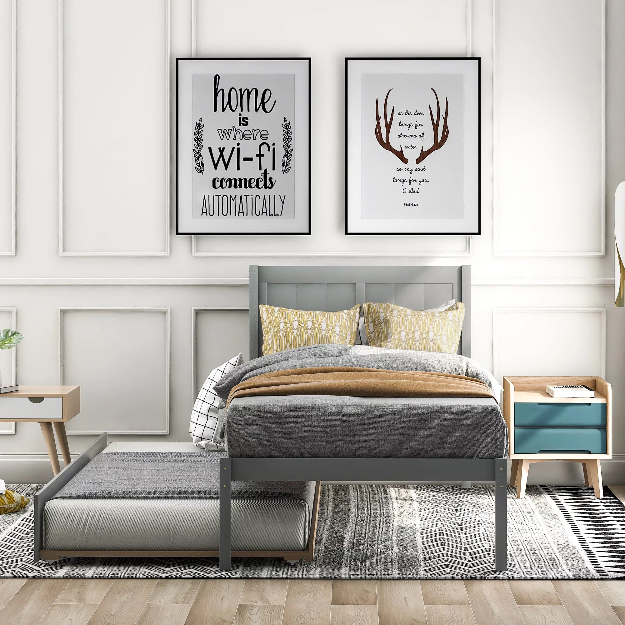 Euroco Twin Size Wood Platform Bed with Trundle for Kids, Gray