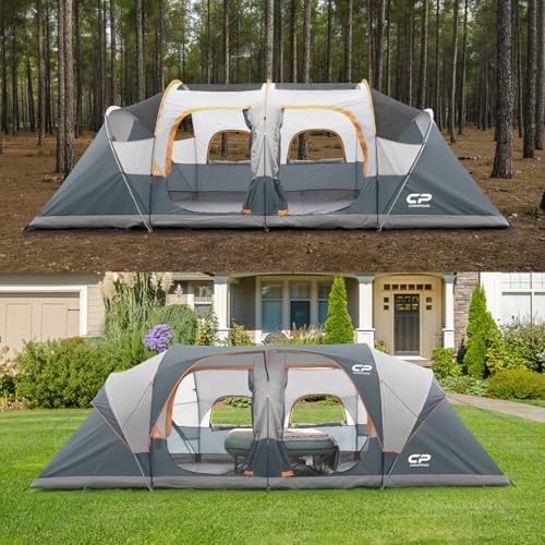 CAMPROS CP Tent 12-Person-Camping-Tents,3 Room Family Tents,Waterproof Windproof Family Tent with Top Rainfly,6 Large Mesh Windows,Double Layer