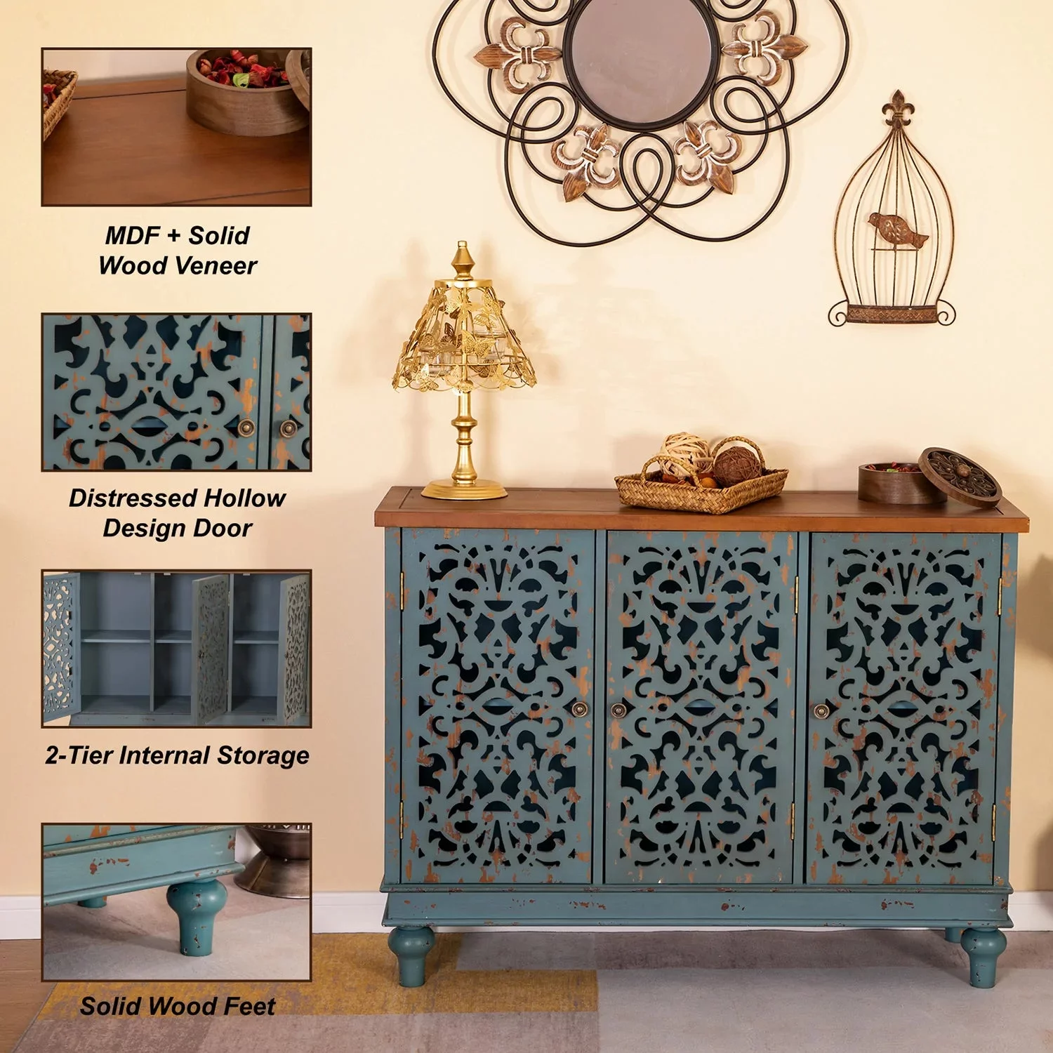 Alpha Joy 3-Door Hollow Carving Accent Cabinet for Dining Room, Living Room,Hallway-Blue