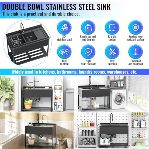 Stainless Steel Utility Sink, 30.8" × 22" × 39.5"Freestanding Sink with Cold and Hot Water Faucet,Hoses and Drain Kit for Kitchens, Bathrooms, Garage