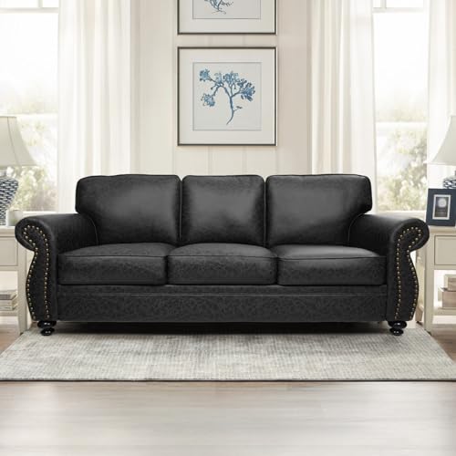 Mid-Century Vintage Sofa Couches with Rivet Design,3-Seater Sofa,Removable Sofa Cover Upholstered Cushions and Solid Wood Frame (Brown, 3-Seater)